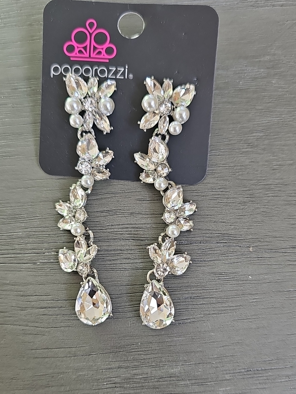 paparazzi Silver Crystal and Pearl Linear Drop Earrings